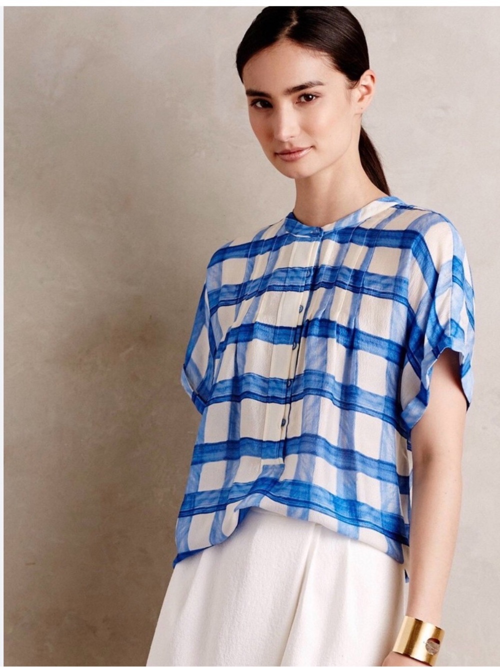 Anthropologie Maeve Tierra Summer Check Print Silk Top Sz M